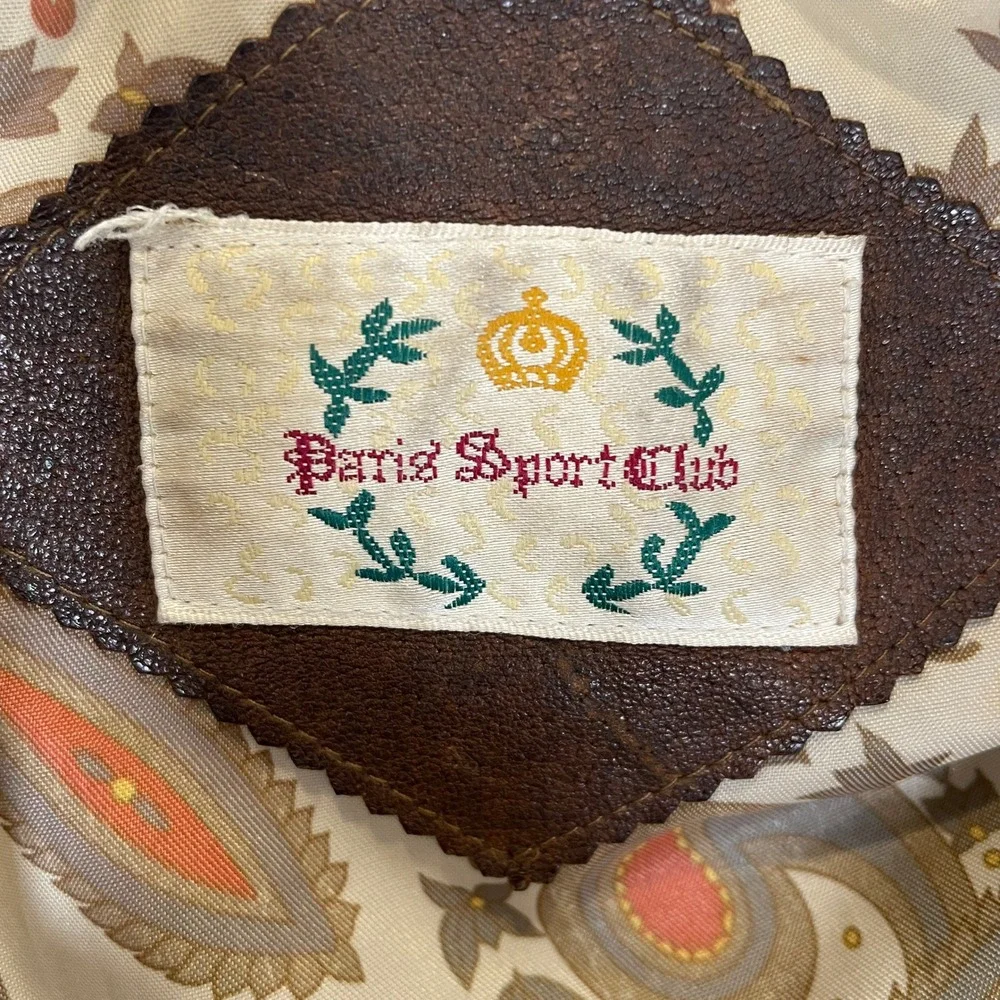 Vintage 80's Paris Sport Club Leather Bomber Jacket Distressed Brown Belted L